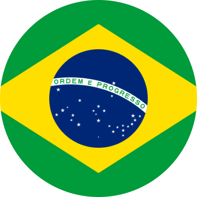 Round icon of the Brazilian flag with green background, yellow diamond, blue globe, and white banner reading Ordem e Progresso.