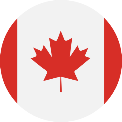 Round icon of the Canadian flag with a red maple leaf in the center between two red vertical bars on a white background.