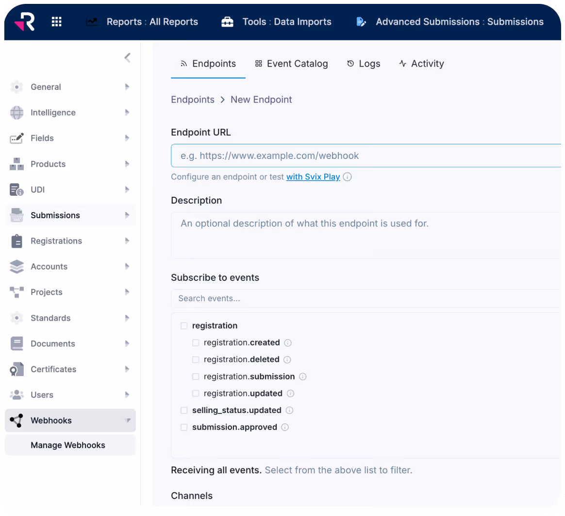 User interface of a webhook management page showing options to add a new endpoint URL, description, and subscribe to specific event triggers like registration and submission updates.