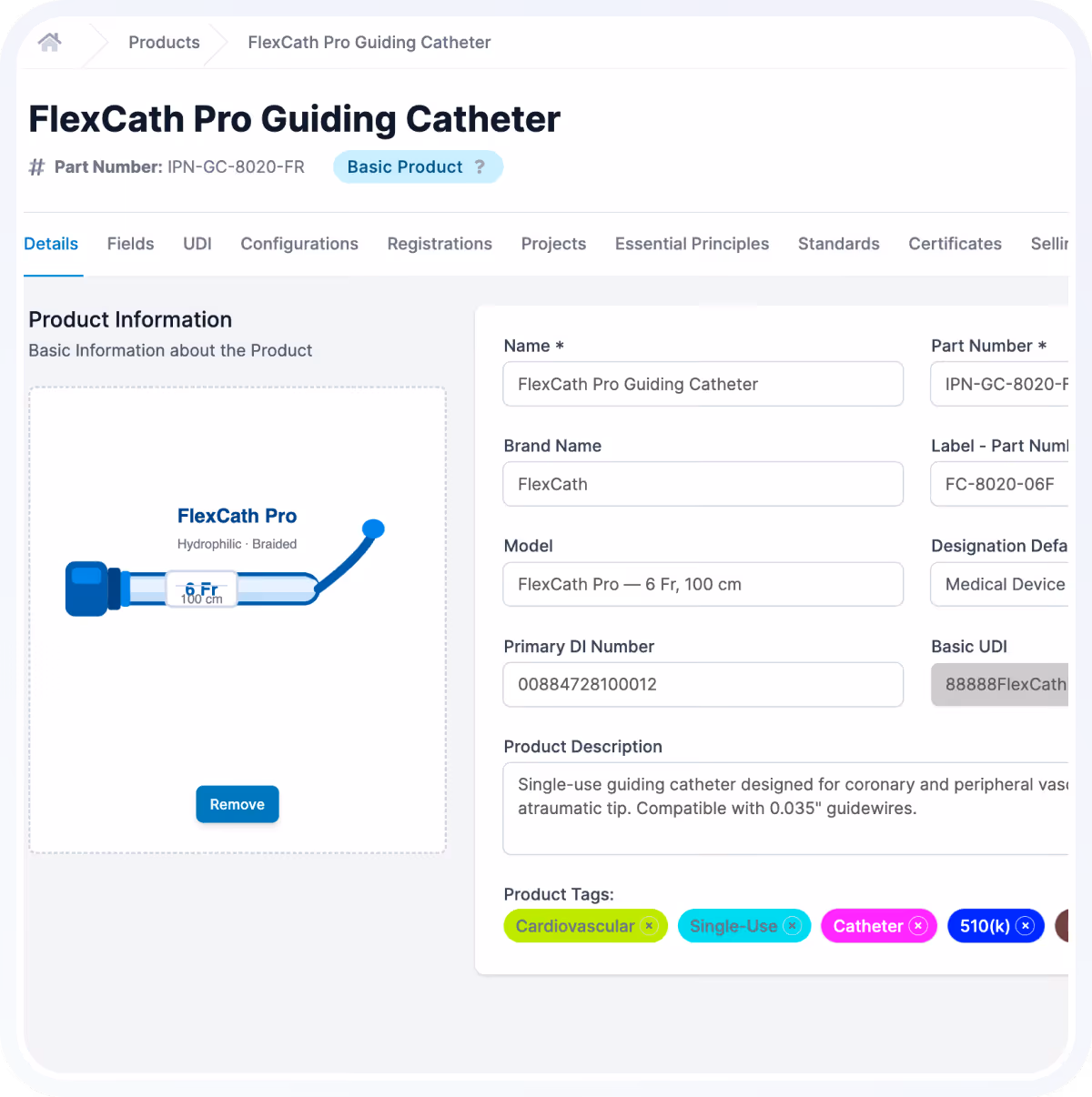 Product page for FlexCath Pro Guiding Catheter showing product image, part number, brand, model, primary DI number, product description, and product tags like Cardiovascular and Single-Use.