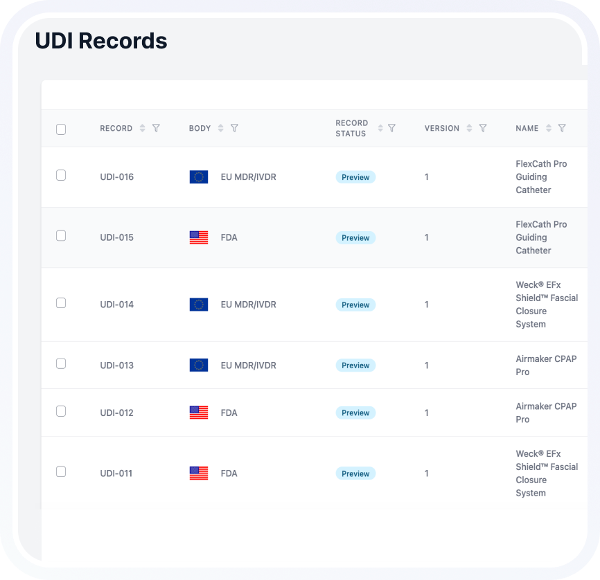 Table listing UDI records with columns for record ID, regulatory body with flags, record status labeled Preview, version number, and product name.