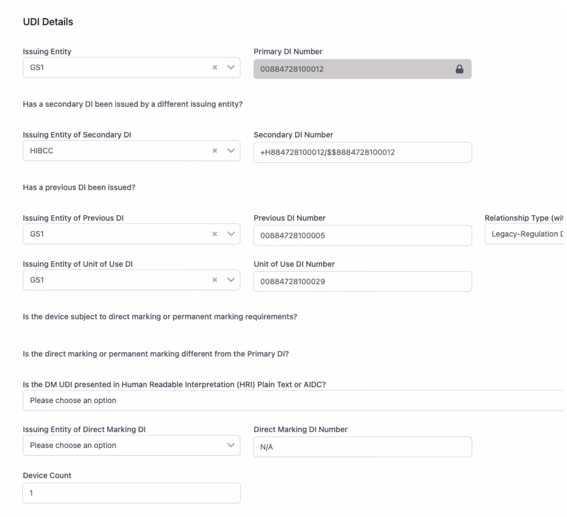 Form showing UDI details with fields for issuing entities and DI numbers including primary, secondary, previous, unit of use, and direct marking, plus device count.
