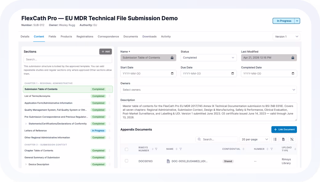 Dashboard interface of FlexCath Pro EU MDR Technical File Submission showing content sections with statuses and details for a submission titled Submission Table of Contents marked as completed.