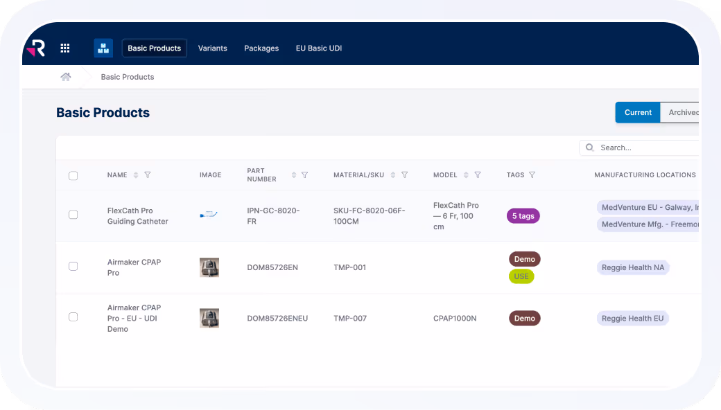 Dashboard interface showing a Basic Products list with columns for Name, Image, Part Number, Material/SKU, Model, Tags, and Manufacturing Locations including products FlexCath Pro Guiding Catheter, Airmaker CPAP Pro, and Airmaker CPAP Pro - EU - UDI Demo.