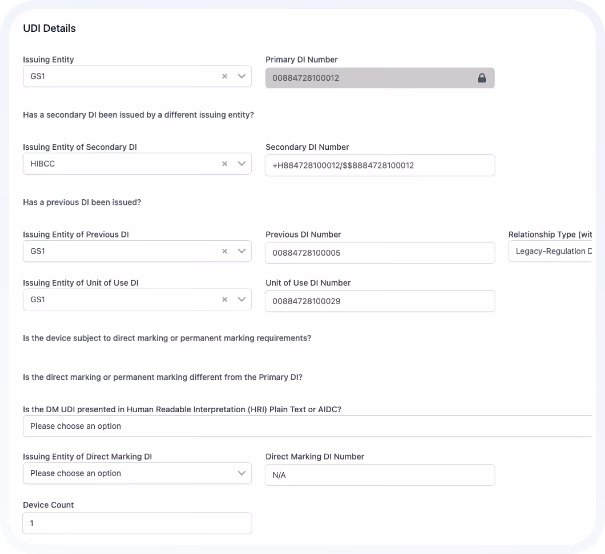 Form showing UDI details including issuing entities and various DI numbers with fields for primary, secondary, previous, unit of use, and direct marking DI numbers, and device count set to 1.