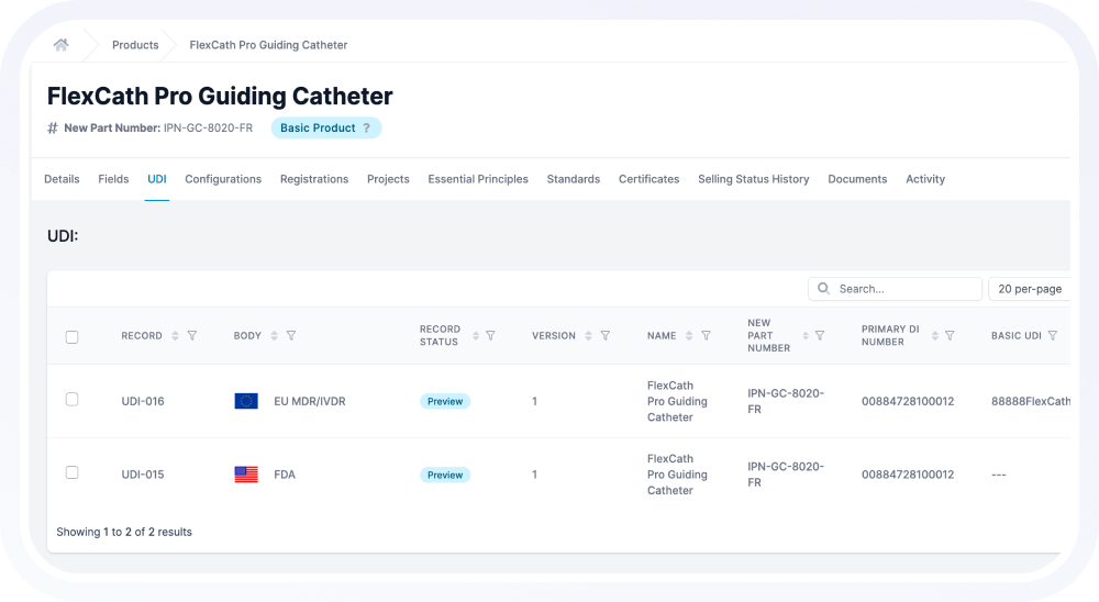 User interface screen showing UDI details for FlexCath Pro Guiding Catheter with records for EU MDR/IVDR and FDA, each listing version, name, part number, and primary DI number.