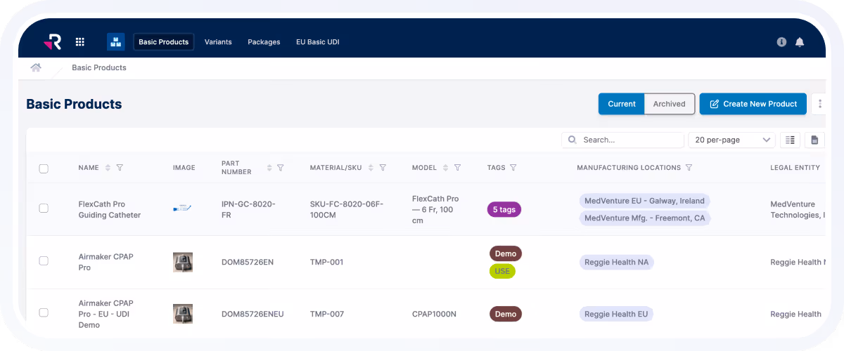 Dashboard interface showing a list of basic products with details including name, image, part number, material/SKU, model, tags, manufacturing locations, and legal entity, with options to search, filter, and create a new product.