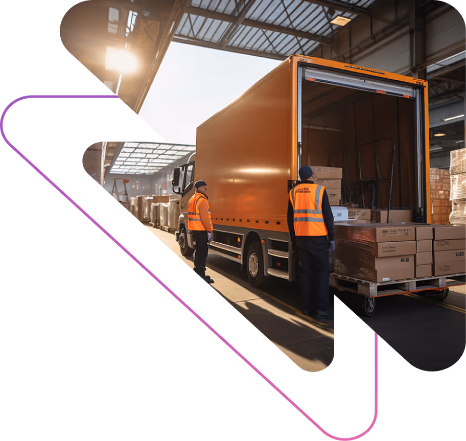 Two warehouse workers in orange safety vests loading cardboard boxes into a large orange delivery truck inside a warehouse.