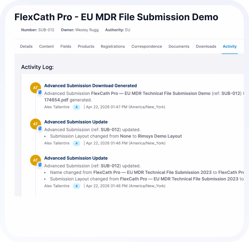 Activity log screen for FlexCath Pro EU MDR file submission showing updates and download generation by Alex Tallentire with timestamps on April 22, 2026.