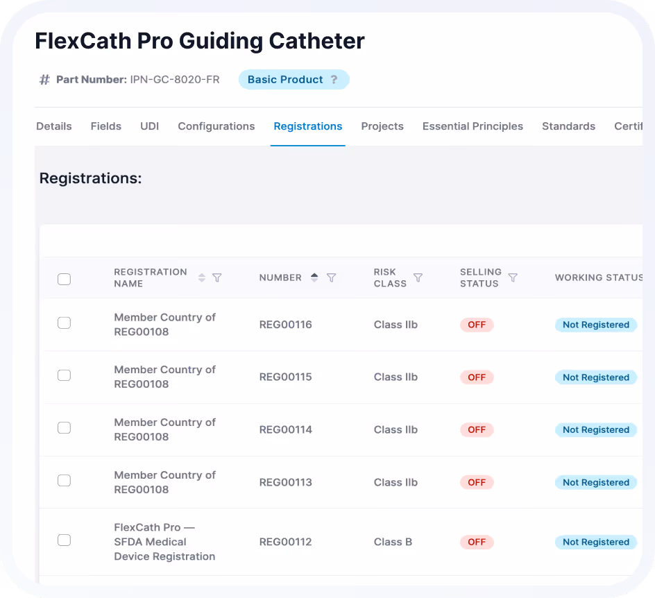 Table showing registrations for FlexCath Pro Guiding Catheter including registration names, numbers, risk classes, selling status marked off, and working status marked not registered.