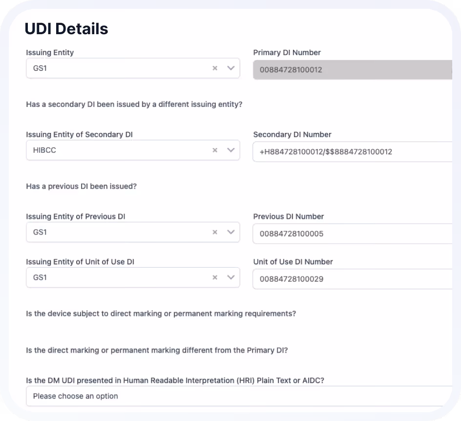 Form showing UDI details including issuing entities GS1 and HIBCC, DI numbers for primary, secondary, previous, and unit of use, with questions about marking and human-readable interpretation.