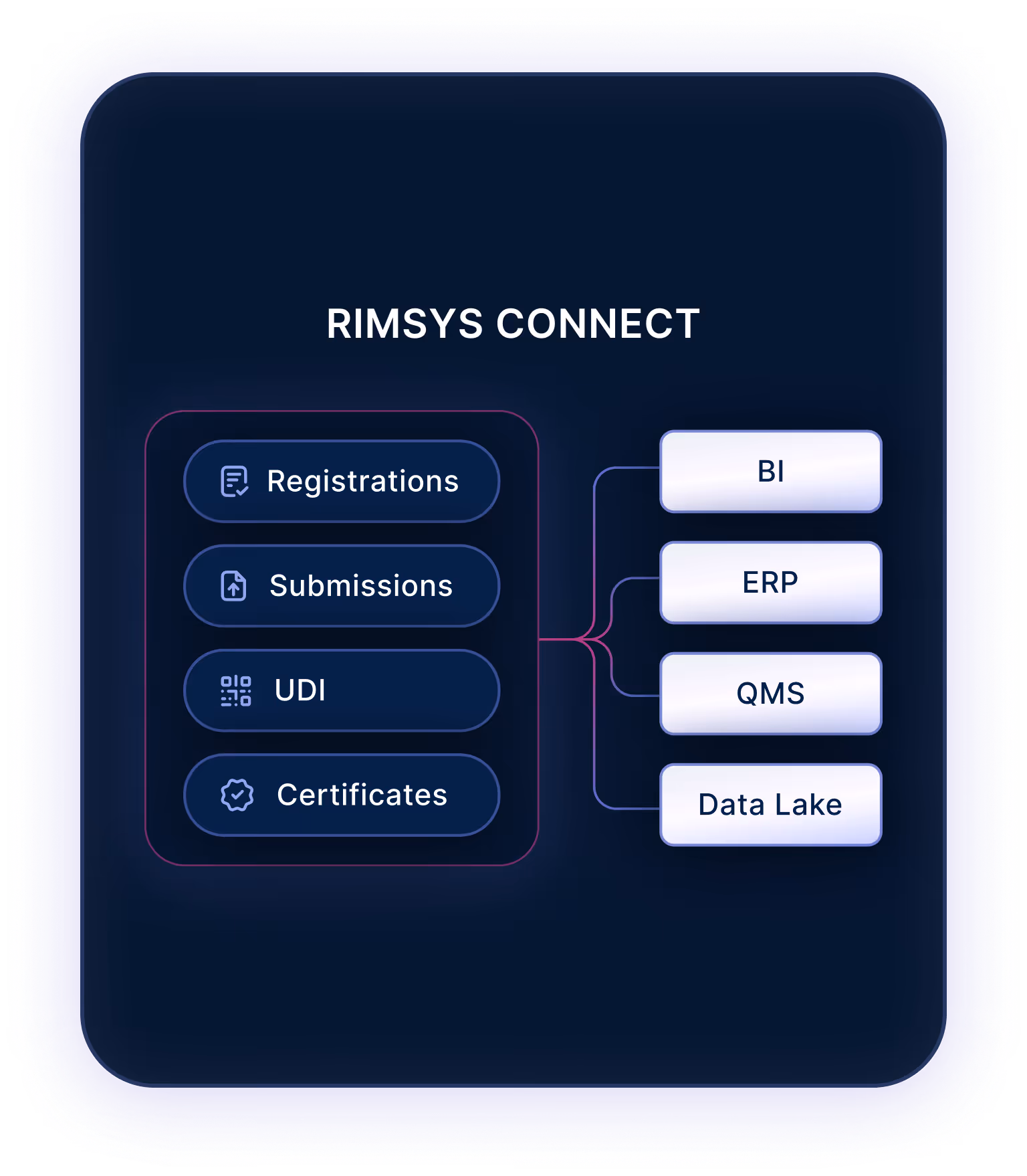 Diagram showing RIMSYS CONNECT linking Registrations, Submissions, UDI, and Certificates to BI, ERP, QMS, and Data Lake.
