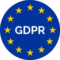 Blue circular badge with twelve yellow stars arranged in a circle and the white text 'GDPR' in the center.
