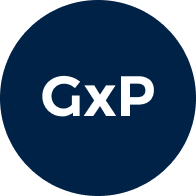Circle badge with dark blue background and white text reading 'GxP' in the center.