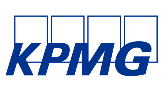 KPMG company logo with blue letters and four blue outlined squares above it.