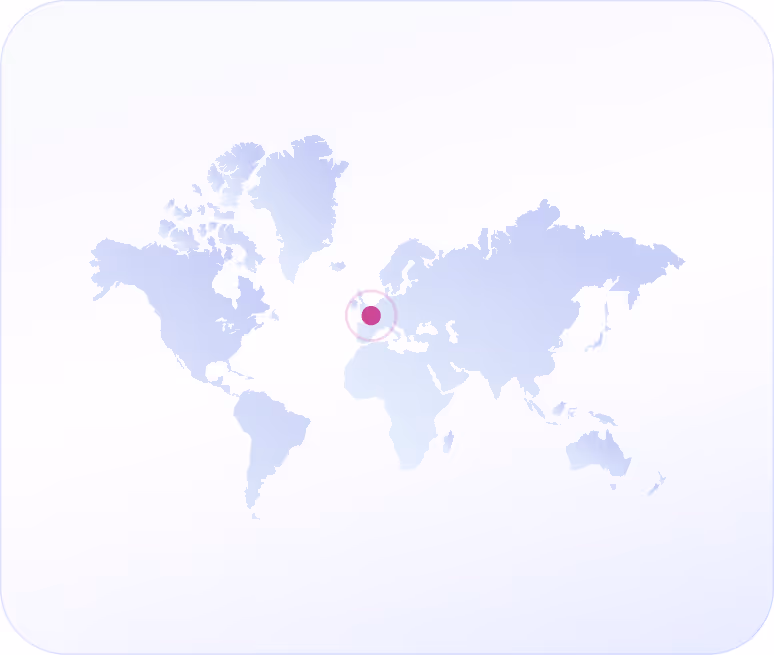 Simplified world map in light blue with a magenta dot and circle highlighting a location in Western Europe.