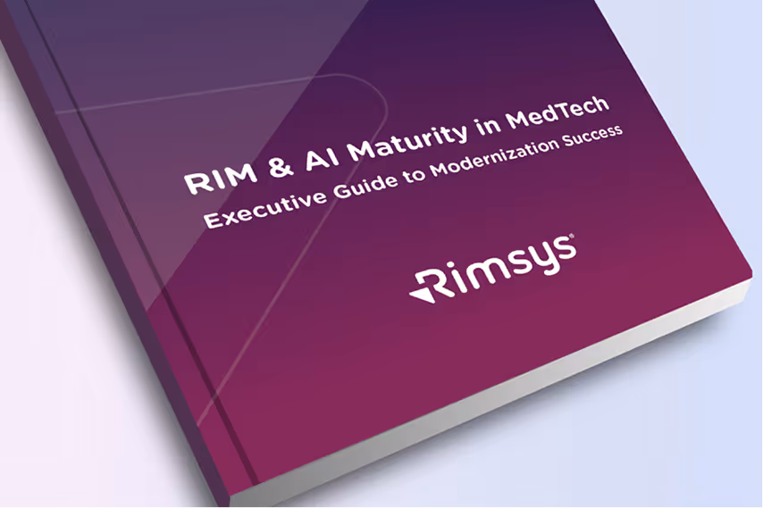 Book cover titled 'RIM & AI Maturity in MedTech Executive Guide to Modernization Success' with the Rimsys logo on a gradient purple background.