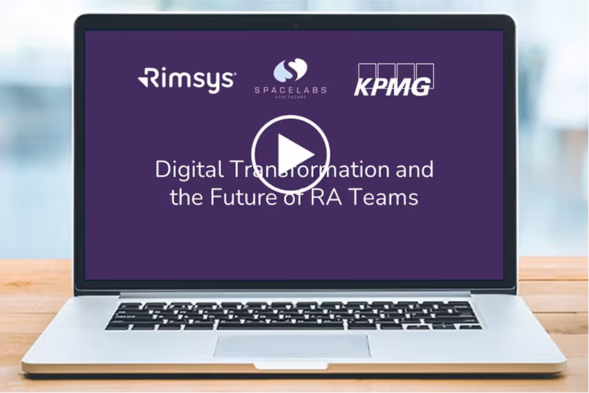 Laptop screen displaying logos of Rimsys, Spacelabs Healthcare, and KPMG with text 'Digital Transformation and the Future of RA Teams' and a play button overlay.