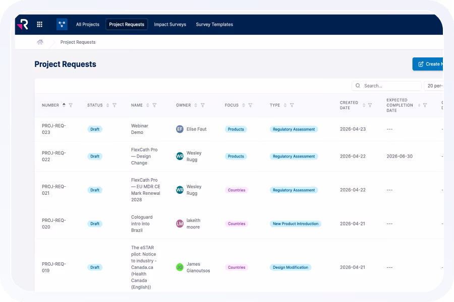 Dashboard screen displaying a project requests table with columns for number, status, name, owner, focus, type, created date, and expected completion date, featuring various project entries in draft status.