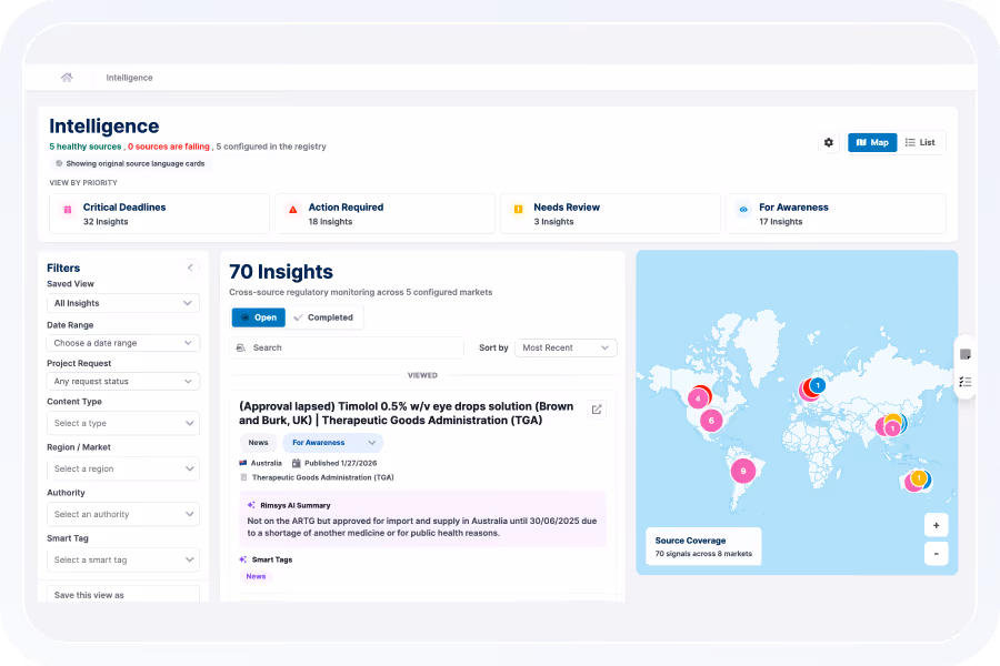 Dashboard screen showing intelligence insights with filters on the left, a list of 70 insights in the center, and a world map with source coverage on the right.