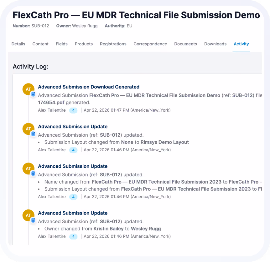 Screenshot of FlexCath Pro EU MDR Technical File Submission Demo showing activity log with updates and download generated by Alex Tallentire on April 22, 2026.