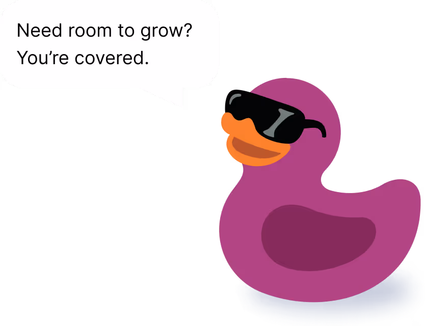 A pink duck with sunglasses and a speech bubble saying need room to grow? you.