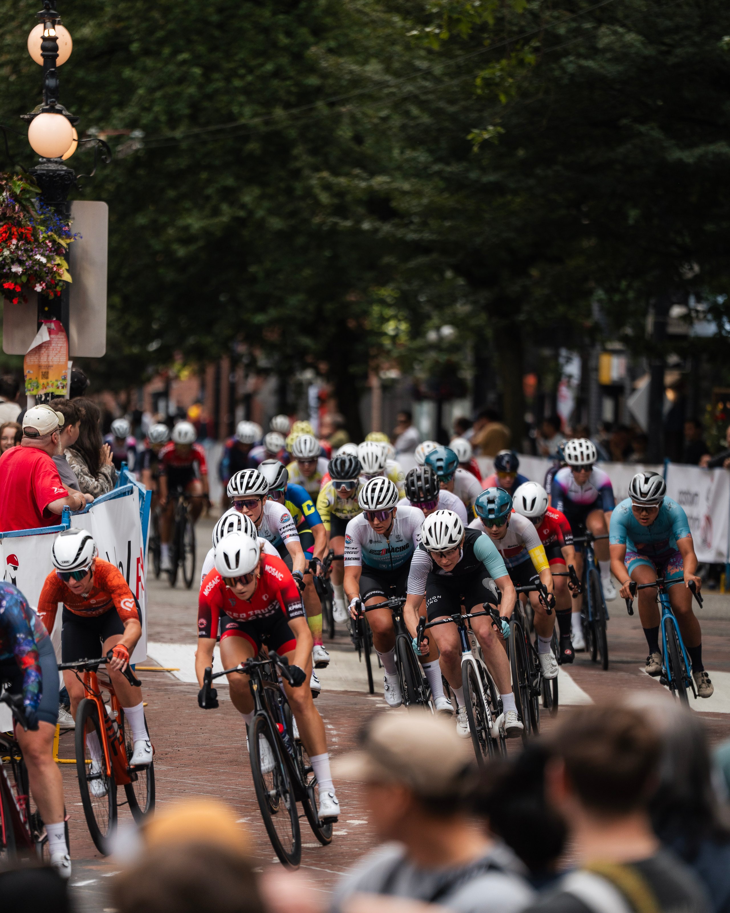 Group of cyclists racing on a tree-lined street with spectators watching behind barriers.
