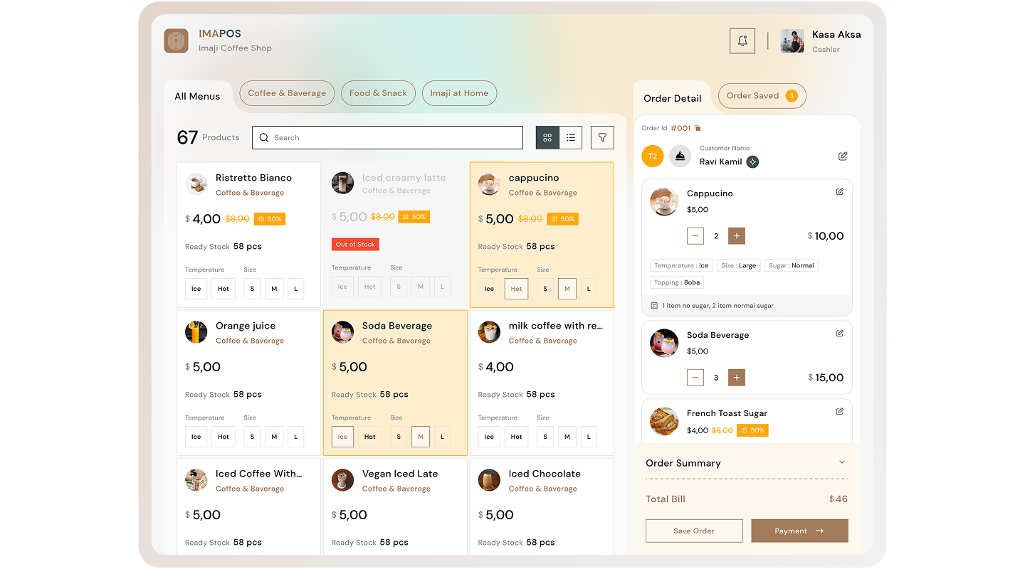 POS system interface for Imaji Coffee Shop showing a menu with various beverages and snacks, an order detail panel listing items and quantities, and options to save order or proceed to payment.