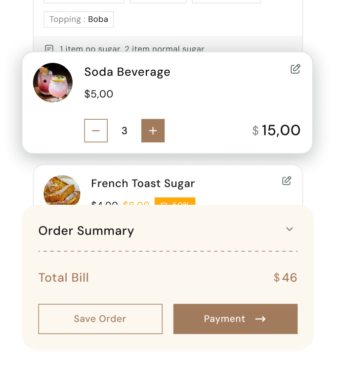 Shopping cart interface showing 3 Soda Beverage items at $5 each totaling $15, a French Toast Sugar item with a 50% discount, and an order summary with total bill of $46 including buttons for Save Order and Payment.