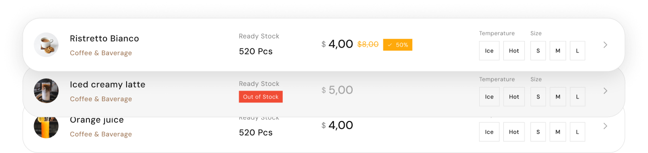 Product list of beverages showing Ristretto Bianco with 520 pieces in stock at $4.00, Iced creamy latte marked Out of Stock at $5.00, and Orange juice with 520 pieces at $4.00, with options for temperature and size.