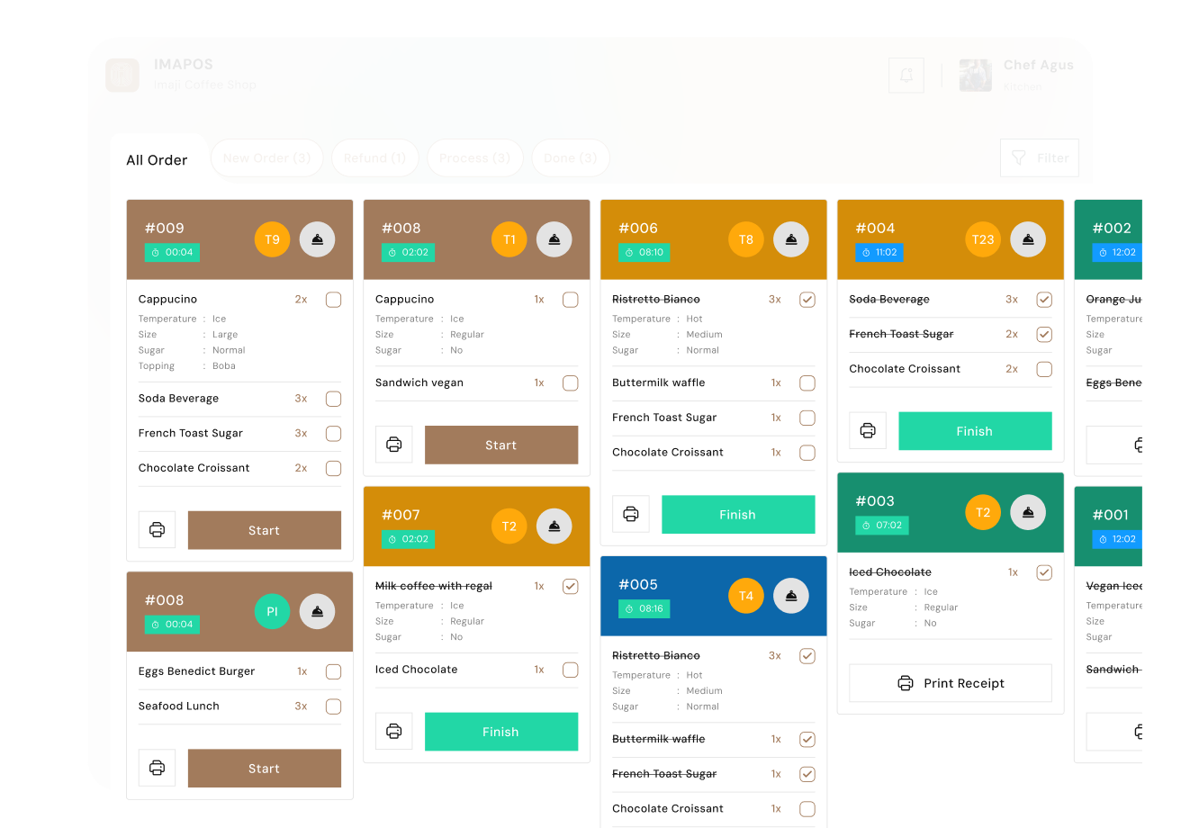 IMAPOS coffee shop kitchen order management interface showing multiple active orders with details like items, quantities, temperatures, sizes, and statuses.