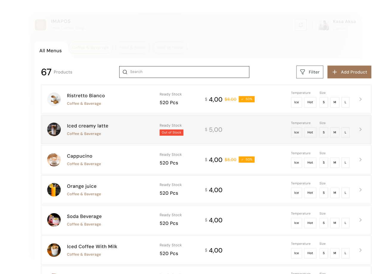 IMAPOS coffee shop menu listing 67 products including Ristretto Bianco, Iced creamy latte marked out of stock, Cappuccino, Orange juice, Soda Beverage, and Iced Coffee With Milk with options for temperature and size and a search and filter feature.