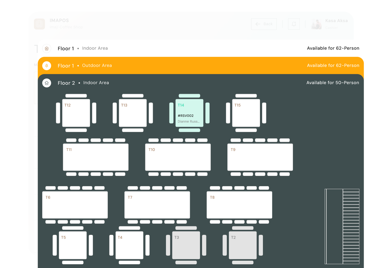Digital floor plan of IMAPOS Imaji Coffee Shop showing table layout and availability for Floor 2 Indoor Area, with some tables reserved or unavailable.