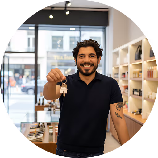 Smiling man holding a set of house keys inside a well-lit modern store.
