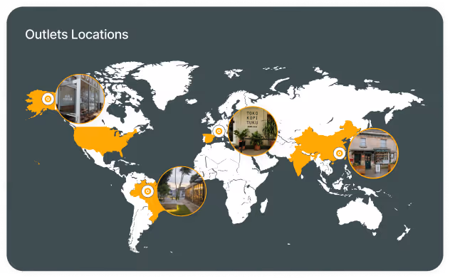 World map highlighting outlet locations in the United States, Brazil, Spain, India, and Japan with inset photos of the stores.