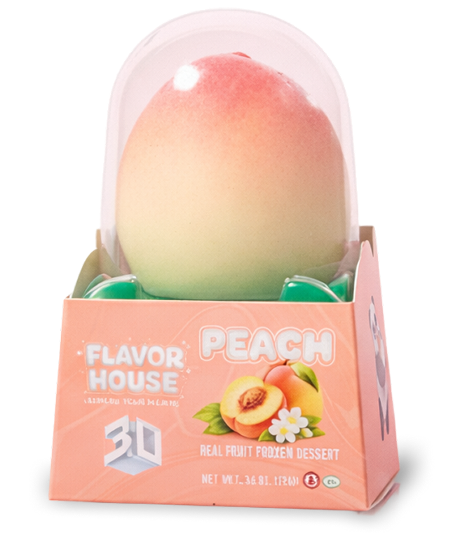 White peach shaped real fruit frozen dessert in a pink box labeled Flavor House Peach with peach illustration.