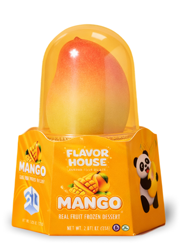 Flavor House mango-shaped real fruit frozen dessert in orange packaging with a panda illustration.
