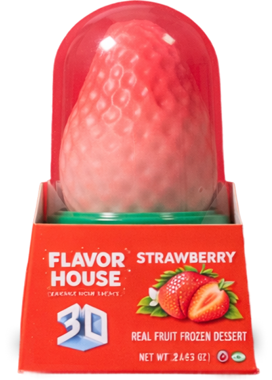 Strawberry-shaped real fruit frozen dessert in red Flavor House packaging under a clear dome.