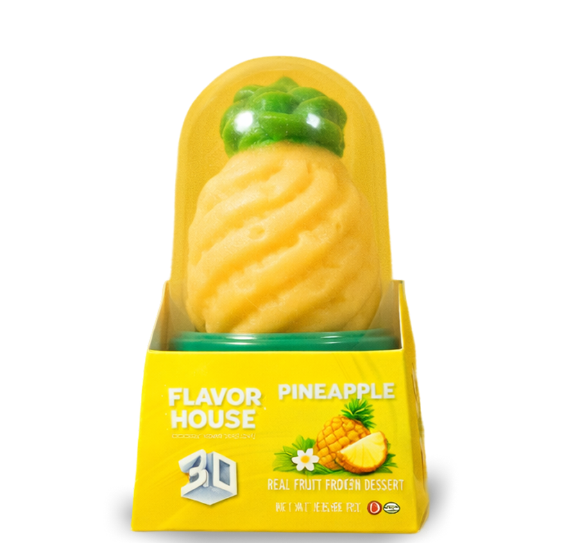 Flavor House Pineapple real fruit frozen dessert shaped like a pineapple in clear packaging with yellow background and pineapple text.