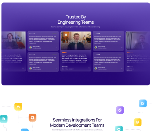 Section titled Trusted By Engineering Teams showing four user testimonials with star ratings and profile photos on a purple gradient background.