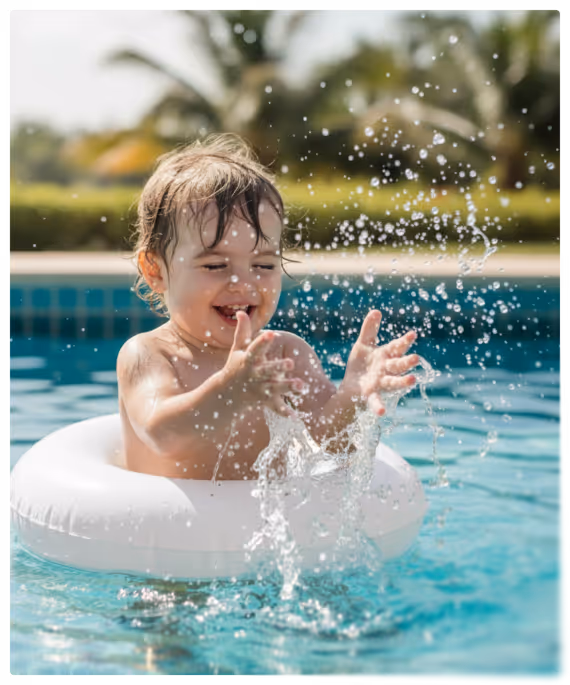 Un bébé souriant joue avec des éclaboussures d'eau dans une piscine en utilisant un anneau de natation blanc.