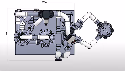 Schéma technique en plan d'un système de tuyauterie industriel avec des dimensions indiquées.