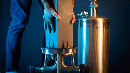 Une personne insère une plaque rectangulaire dans un équipement industriel en acier inoxydable.