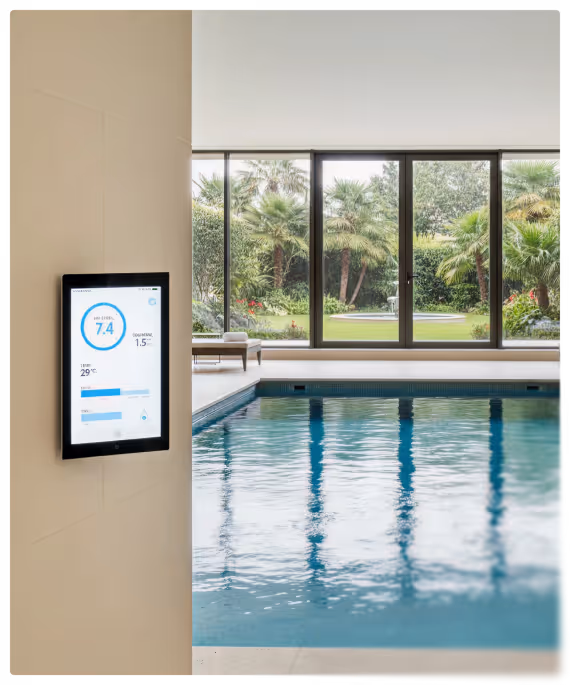 Piscine intérieure avec grandes fenêtres donnant sur un jardin verdoyant et un écran mural affichant les paramètres de la piscine.