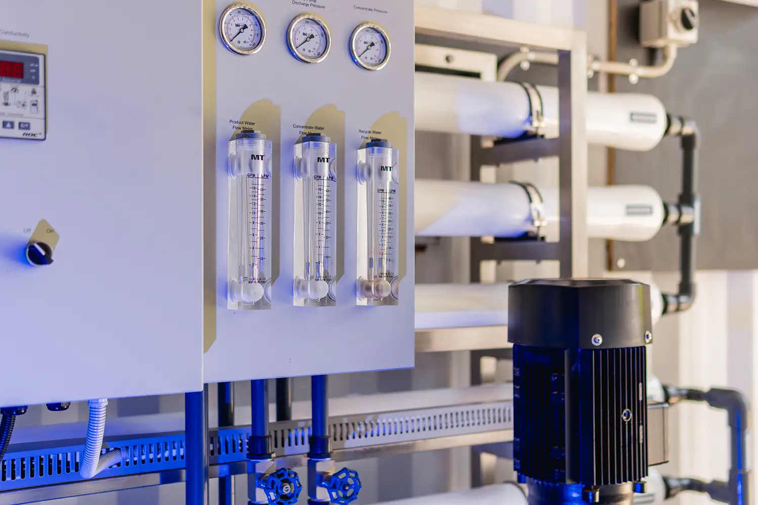 Control panel and flow meters on a CITOR reverse osmosis system