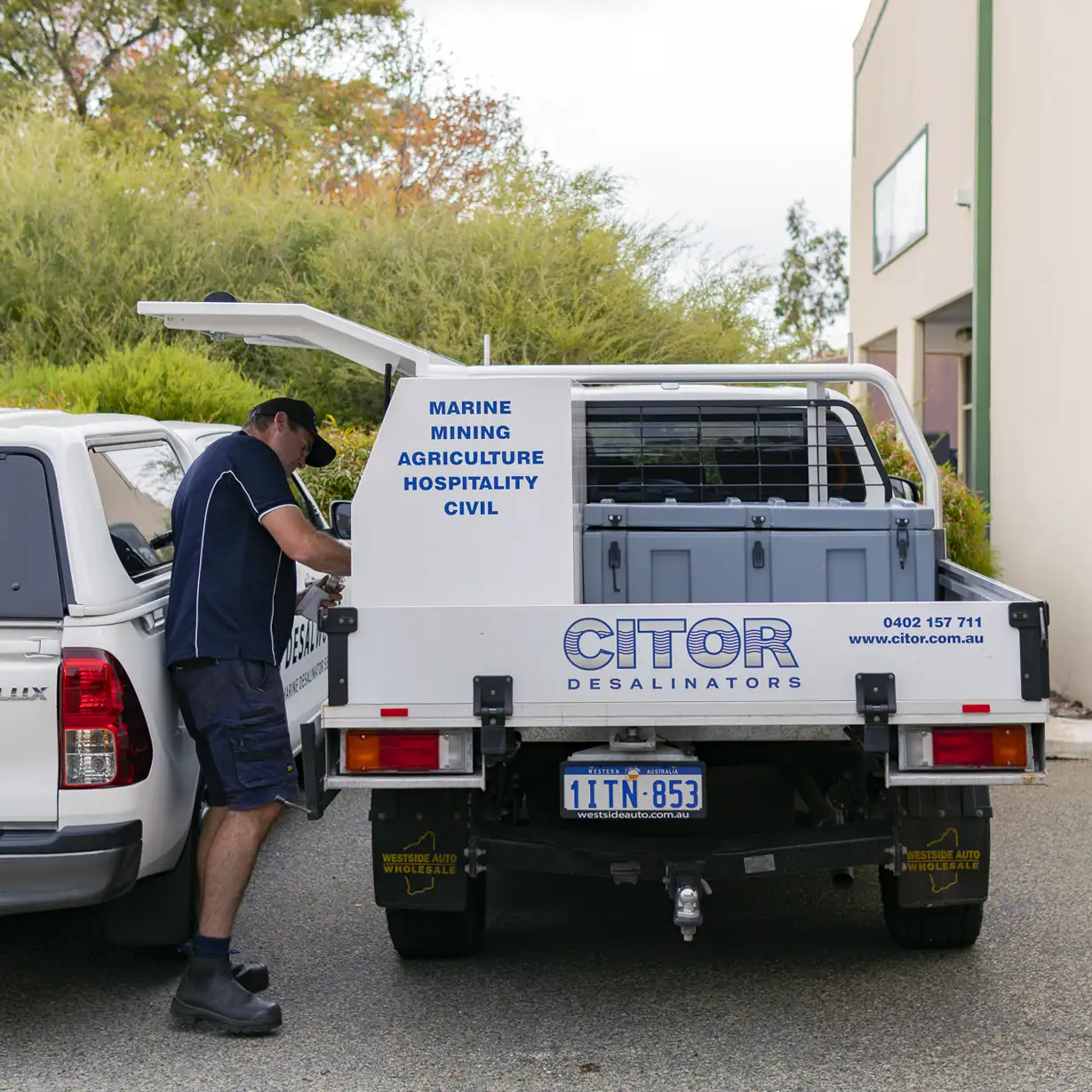 CITOR service ute being loaded outside the workshop