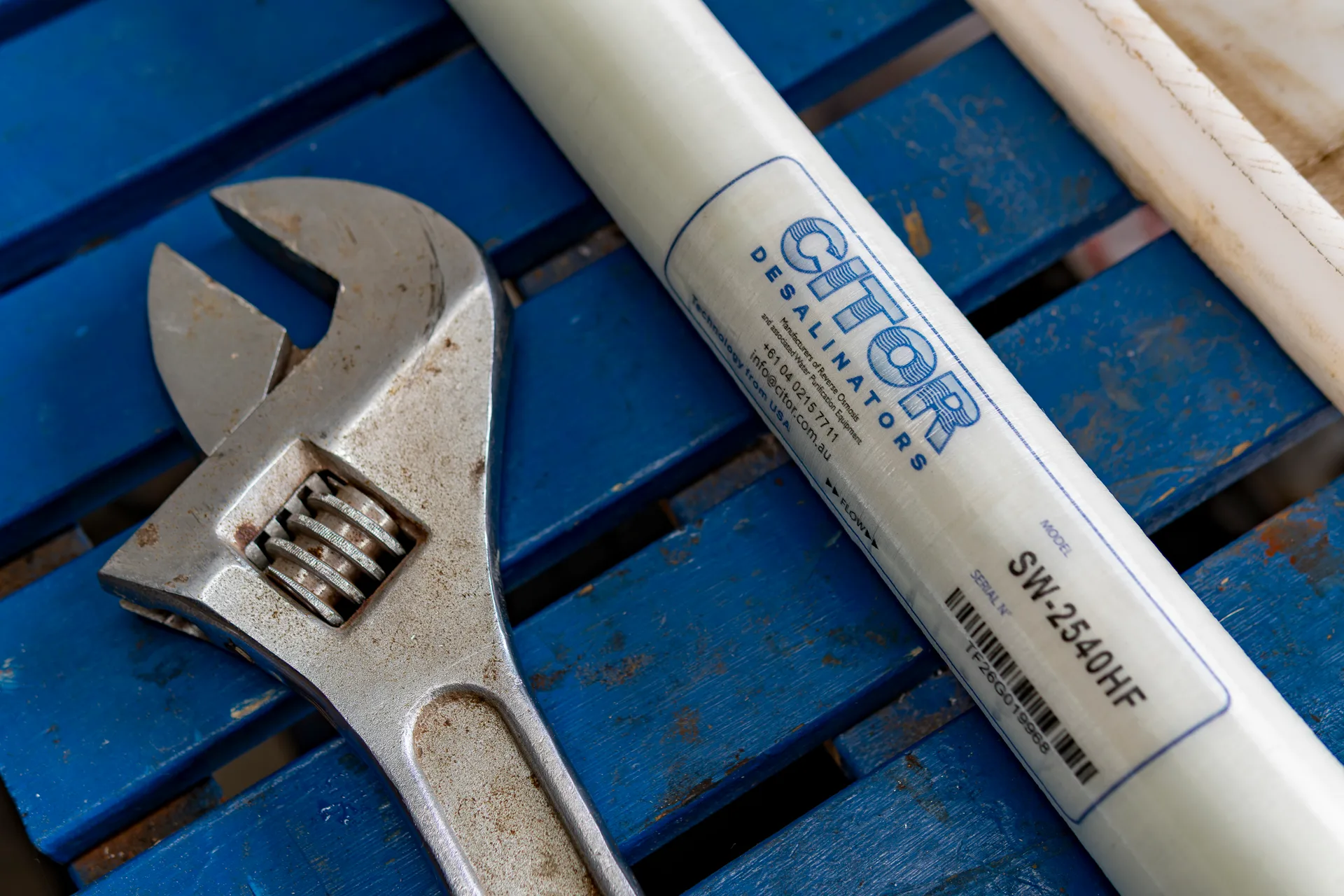Adjustable spanner beside a CITOR reverse osmosis membrane