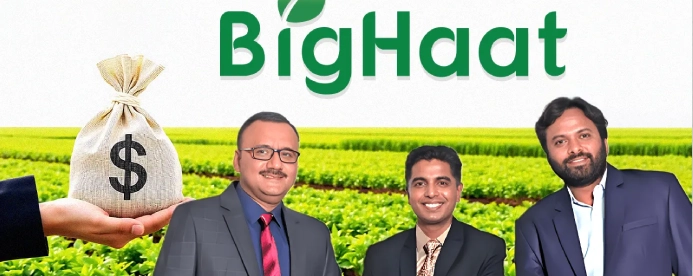 Three men in formal attire stand in front of a green field with a money bag icon and BigHaat logo above them.