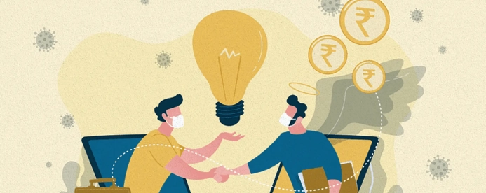 Two people wearing masks shake hands beneath a large light bulb, with coins featuring rupee symbols floating nearby, symbolizing a business deal or idea exchange.