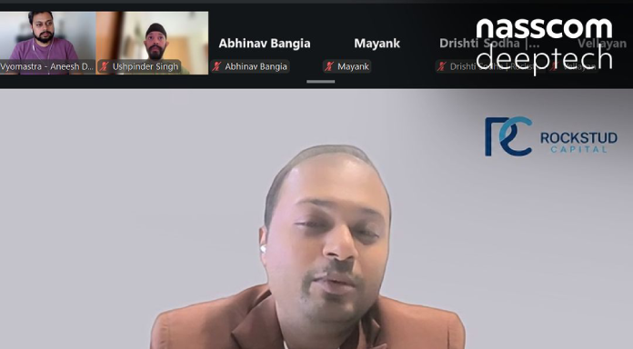 Abhishek Agarwal presents a NASSCOM Deeptech webinar on commercializing deeptech businesses, with other participants visible in smaller video feeds.
